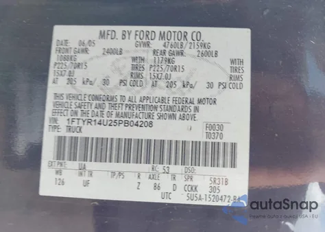 2005 Ford Ranger Edge/Stx/Xl/Xlt from USA, damaged, VIN 1FTYR14U25PB04208